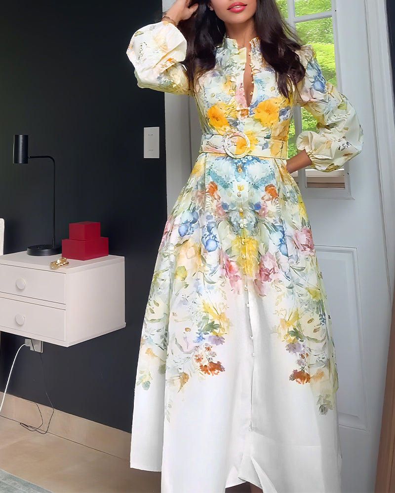 French Style Floral Print Stand Collar Lantern Sleeve Button Down Evening Dress Cinched Waist Vacation Dress with Belt