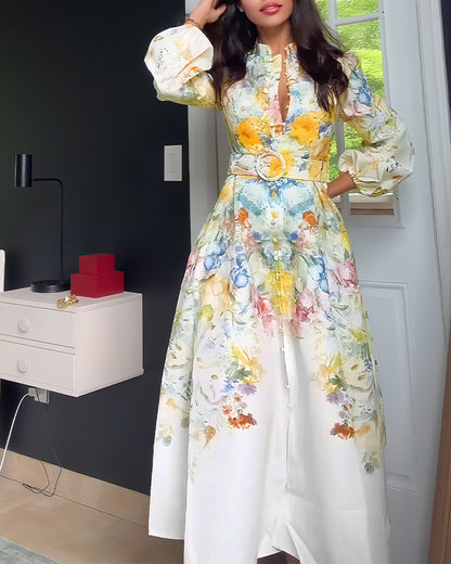 French Style Floral Print Stand Collar Lantern Sleeve Button Down Evening Dress Cinched Waist Vacation Dress with Belt