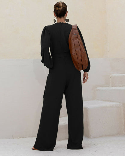 Deep V Neck 3D Design Tie Waist Ruched Overalls Casual Cinched Waist Zipper Back Textured Jumpsuit with Belt