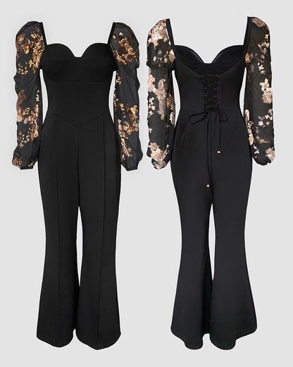 Sweetheart Neck Sequin Floral Mesh Sleeves Lace-up Back Jumpsuit Casual Backless Seam Front Flared Jumpsuit