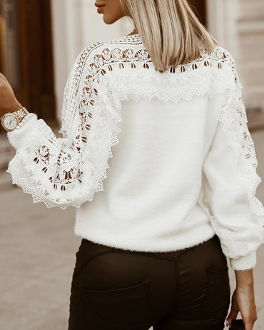 Crewneck Guipure Lace Long Sleeve Hollow Out Knit Sweaters Pullover Tops