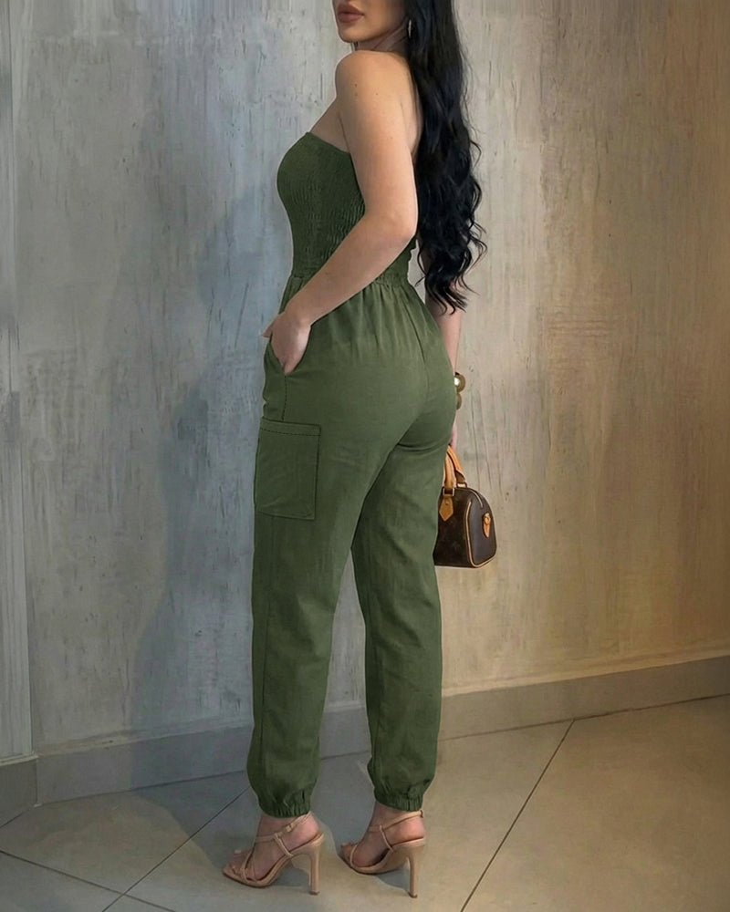 Shirred Cinched Waist Cuffed Overalls High Waist Pockets Design Bandeau Cargo Jumpsuit