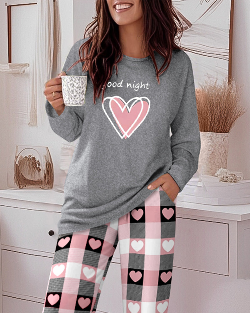 2 Pieces Outfit Letter and Heart Print Long Sleeve Top and Casual Plaid Pnats Sets with Pocket