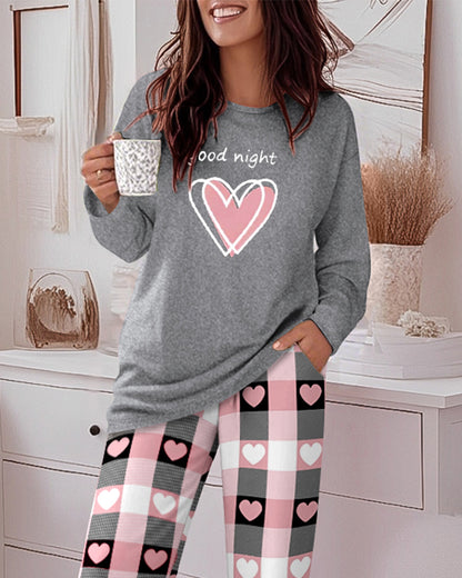 2 Pieces Outfit Letter and Heart Print Long Sleeve Top and Casual Plaid Pnats Sets with Pocket