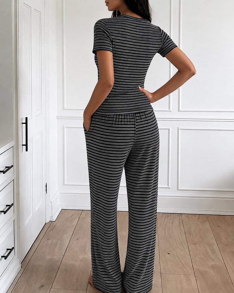 Women's 2 Piece Striped Pajama Set Short Sleeve Square Neck Crop Top and Wide Leg Pants Casual Loungewear