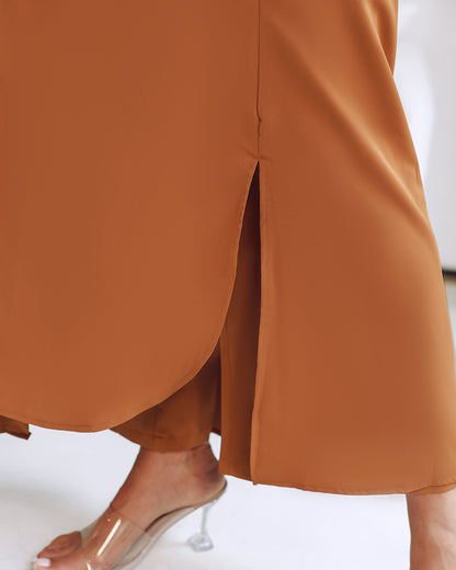 2 Pieces Outfit Turn-down Collar Turn-Up Sleeves Button Front Asymmetrical Hem Longline Blouse and Casual Elastic Waist Wide Leg Pants Set