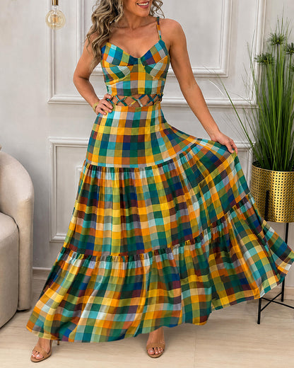 Women's Colorblock Plaid Hollow-out Maxi Dress V Neck Backless Ruffle Cami Dress Casual Shirred Beach Sundress