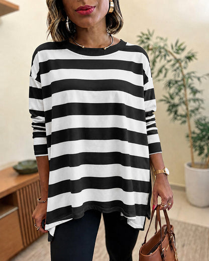 Women's Striped T Shirt Long Sleeve Drop Shoulder Crewneck Tee Side Slit Casual Loose Fit Top