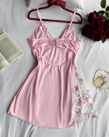 Floral Embroidery Lace V-Neck Spaghetti Strap Bowknot Sheer Mesh Cami Sleep Dress Romantic Nightgown