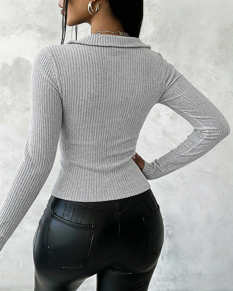 Women's Two-Way Zipper Ribbed Knit Top Stand-Up Collar Slim Fit Crop Top
