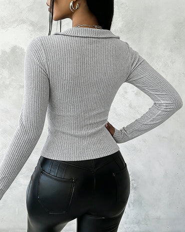 Women's Two-Way Zipper Ribbed Knit Top Stand-Up Collar Slim Fit Crop Top
