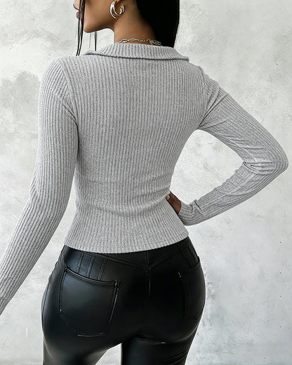 Women's Two-Way Zipper Ribbed Knit Top Stand-Up Collar Slim Fit Crop Top