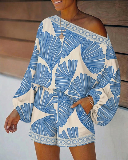 Women's Tropical Leaf Print 2 Piece Set Skew Neck Lantern Sleeve Top and Elastic Waist Shorts with Pockets & Lace