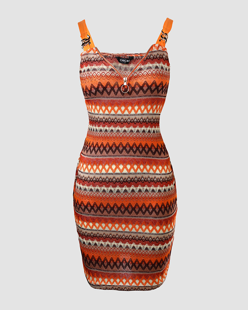 Chevron Pattern V-Neck Chain Decor Pocket Design Mini Dress