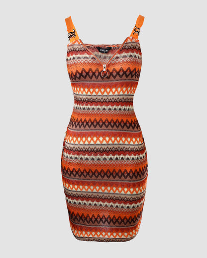 Chevron Pattern V-Neck Chain Decor Pocket Design Mini Dress