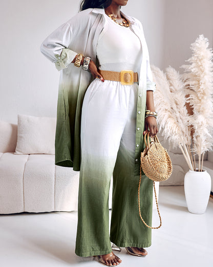 2 Pieces Outfit Ombre Print Long Sleeve Blouse And Casual High Waist Wide Leg Pants Set (Without Belt)