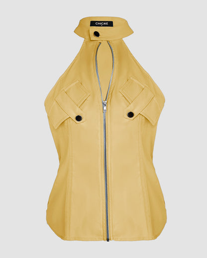 2 Pieces Outfits Sleeveless High Neck Cargo Pockets Design Top And Casual Cuffed Long Pants Set