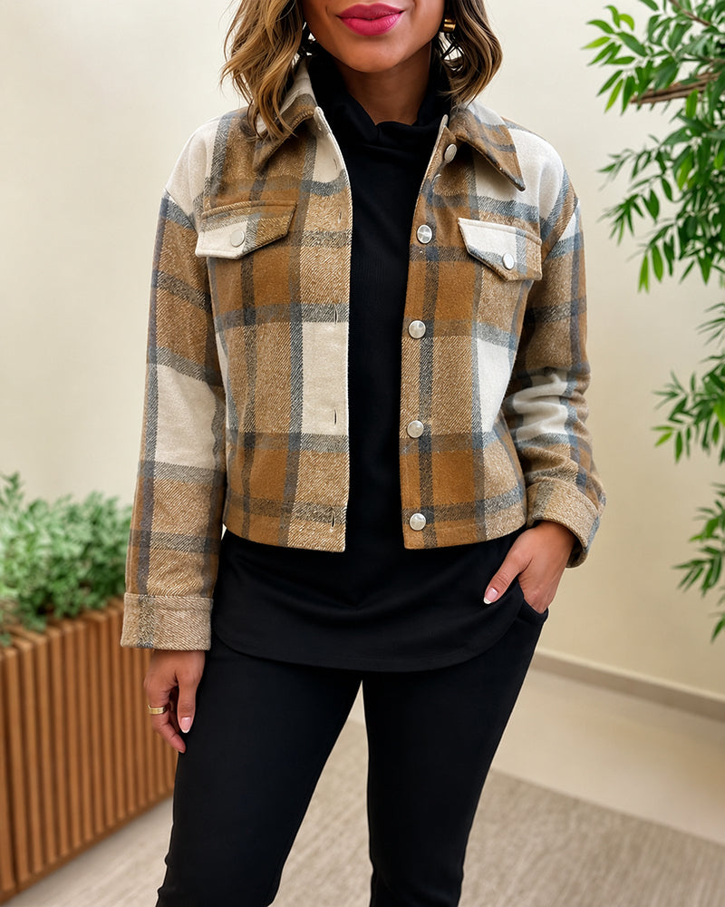 Women's Plaid Cropped Shacket Retro Button Down Long Sleeve Coat