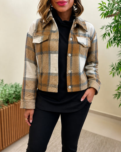 Women's Plaid Cropped Shacket Retro Button Down Long Sleeve Coat