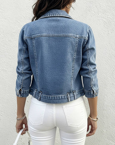 Vintage Turn-down Collar Button Front Seam Design Distressed Crop Coat Casual Flap Pockets Design Cinched Waist Washed Denim Coat