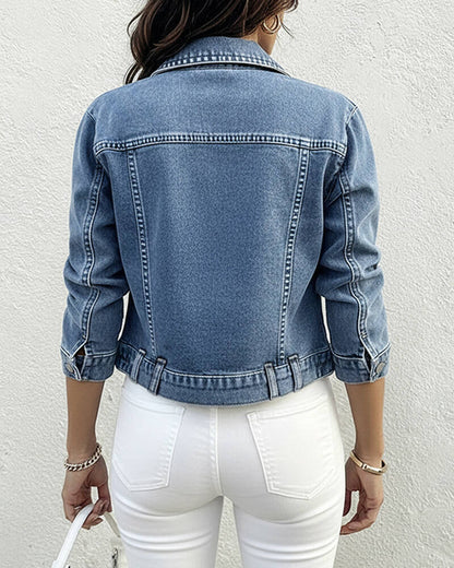Vintage Turn-down Collar Button Front Seam Design Distressed Crop Coat Casual Flap Pockets Design Cinched Waist Washed Denim Coat