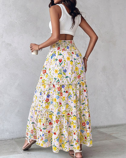Women's High Waisted Shirred Floral Maxi Skirt Casual Ruffle Hem A-Line Skirt with Pockets