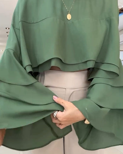 Round Neck Bell Sleeve Crop Top Casual Loose Fit Layered Blouse