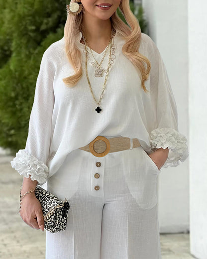 2 Pieces Outfit Turn-down Collar V-Neck Ruffles Cuffs Asymmetrical Hem Top and Wooden Single Breasted Decor Elastic Waist Wide Leg Pants Set with Belt