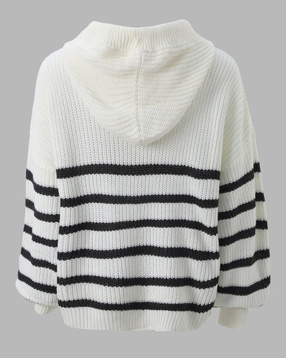 Women's Striped Henley Drawstring Hooded Sweater Loose Fit Lantern Sleeve Knit Pullover
