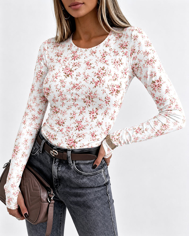 Women's Ditsy Floral Print Crew Neck Long Sleeve Slim Fit Top with Thumbholes