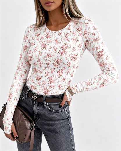 Women's Ditsy Floral Print Crew Neck Long Sleeve Slim Fit Top with Thumbholes