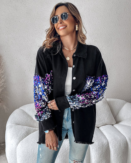 Colorblock Sequin Patchwork Long Sleeve Jacket Top Button Front Raw Hem Shacket