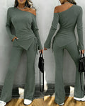 2 Pieces Outfit Skew Neck Long Sleeve Side Drawstring Asymmetrical Hem Top and Elastic Waist Flared Pants Set Casual Ribbed Set