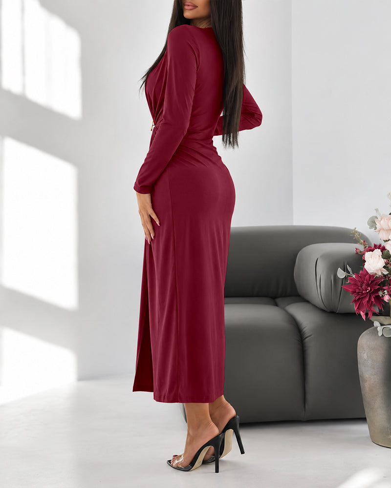 Women's Elegant V-Neck Long Sleeve Ruched Front Slit Midi Evening Dress