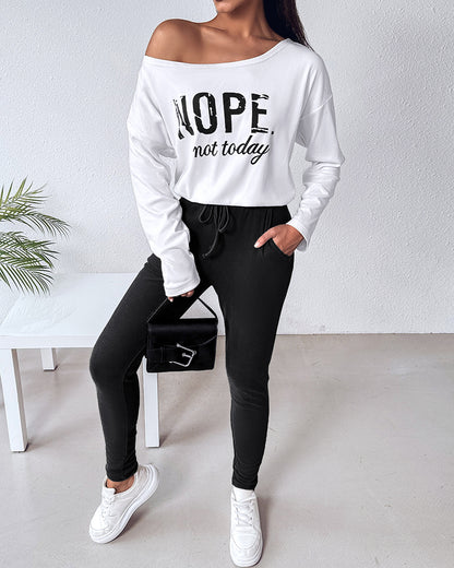 2 Pieces Outfit Nope. Not Today Slogan Print Skew Neck Long Sleeve Pullover Top And Casual Drawstring Stretchy Waist Slim Fit Pants Set