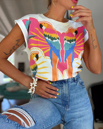 Colorblock Parrots Print O-neck Short Sleeve Tee Casual Rolled Cuffs Top