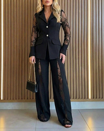 Women's 2 Piece Blazer Suit Set Elegant Lace Patchwork Long Sleeve Coat and High Waisted Straight Leg Pants