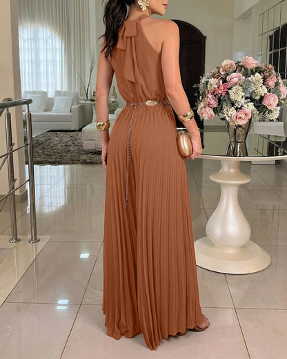CHICME Women's Halter Tie Wide Leg Jumpsuit Pleated High Waist One-Piece Romper Elegant Sleeveless Evening Party Jumpsuit without Waist Chain