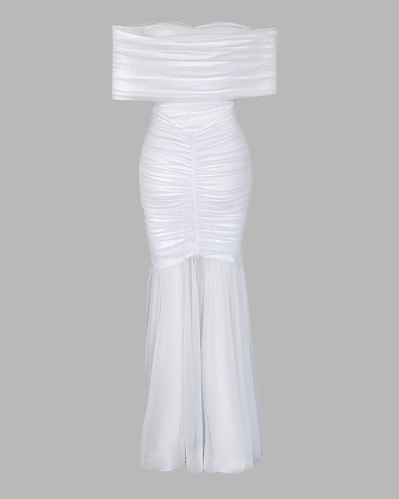 Foldover Off Shoulder Ruched Cinched Waist Minimalist Evening Dress Slim Fit Mermaid Hem Party Dress