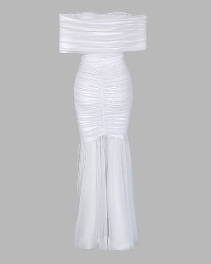 Foldover Off Shoulder Ruched Cinched Waist Minimalist Evening Dress Slim Fit Mermaid Hem Party Dress