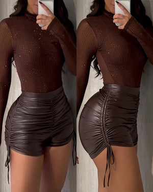 Pantalones cortos sexis de cuero sintético PU para mujer, cintura alta, fruncidos, con cordón y cintura elástica, prendas modernas para fiestas y clubes