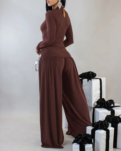 Women's 2 Piece Outfits Mock Neck Long Sleeve Slim Bodysuit and Rhinestone Ruched Wide Leg Pants Set