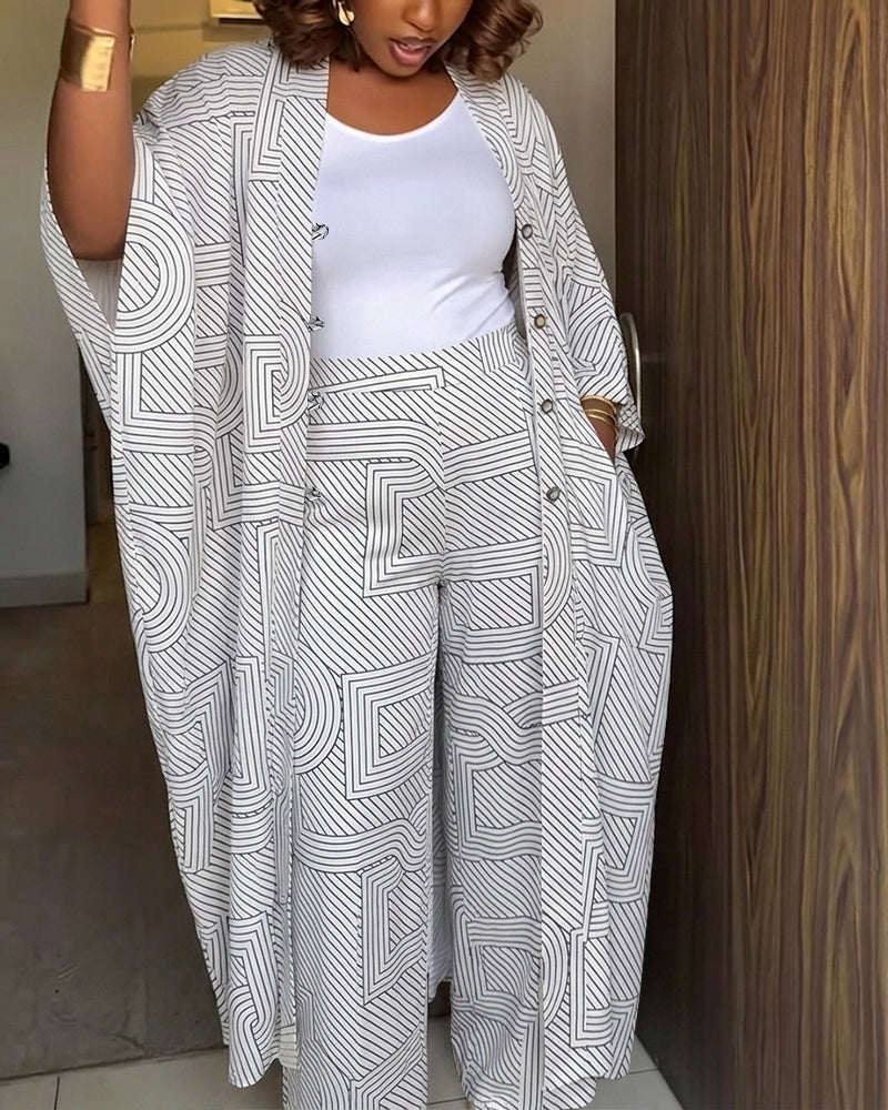 Women's Geometric Print 2 Piece Outfits Batwing Sleeve Loose Longline Cardigan and High Waisted Wide Leg Pants Set