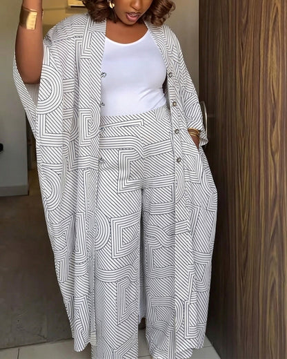 Women's Geometric Print 2 Piece Outfits Batwing Sleeve Loose Longline Cardigan and High Waisted Wide Leg Pants Set