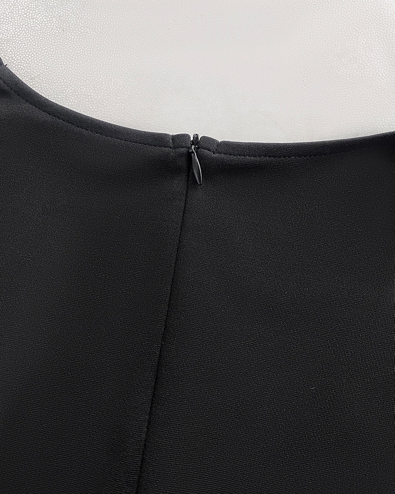 Metal Decor V-Neck Lace Spliced Three Quarters Sleeves Ruffles Design Evening Dress Zipper Back Slit Slim Fit Party Dress with Belt