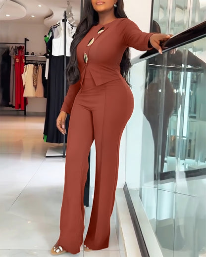 Golden Button Decor Long Sleeve Seam Front Overalls Casual Zipper Back Faux Two-Piece Commuting Jumpsuit