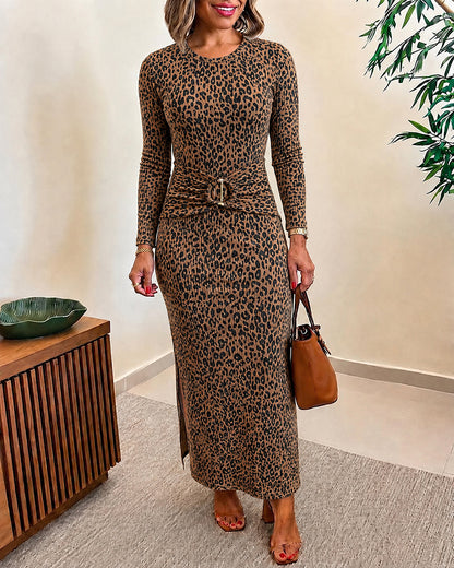 Women's Leopard Print Long Sleeve Party Dress Slim Fit Gold Ring Twist Side Slit Dress