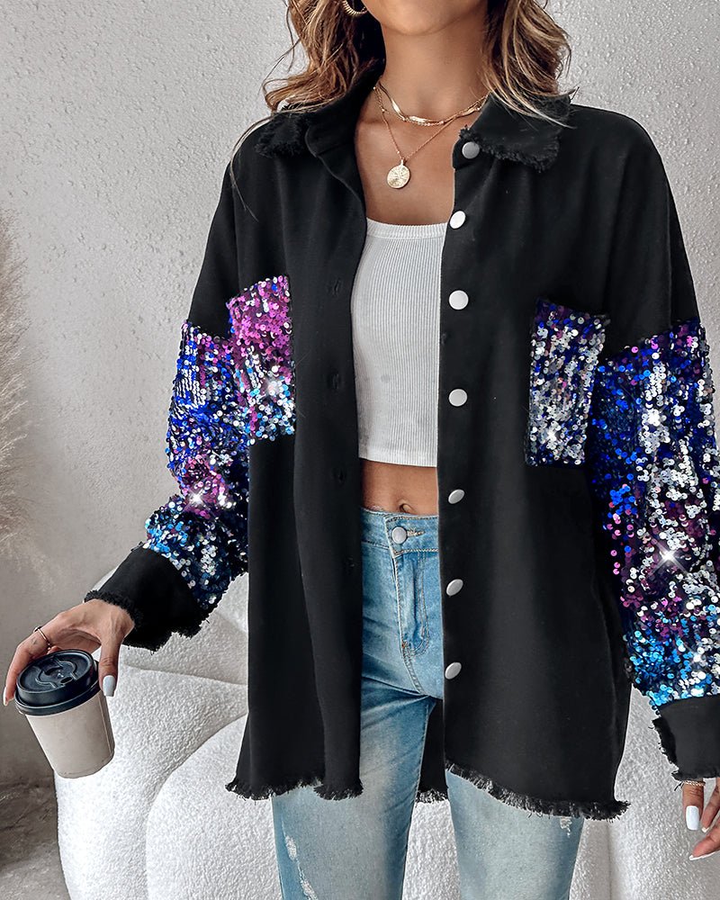 Colorblock Sequin Patchwork Long Sleeve Jacket Top Button Front Raw Hem Shacket