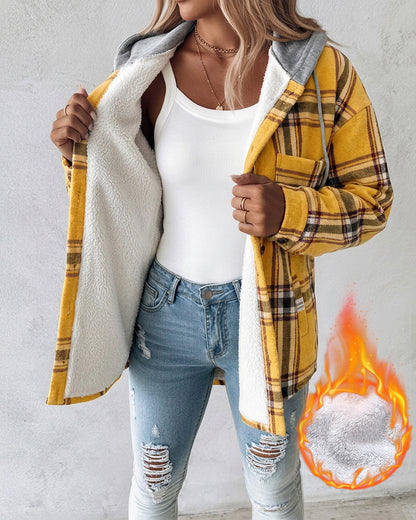 Women's Plaid Drawstring Hoodie Coat Casual Fleece Lined Jacket