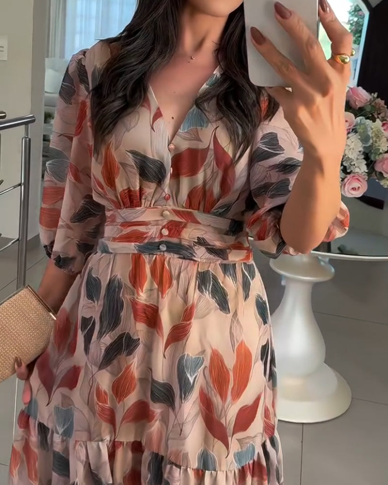 Plants Print V-Neck Half Sleeve Shirred Back Maxi Dress Casual Button Decor Ruched Ruffle Hem Vacation Dress